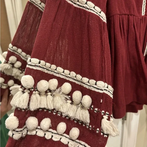 Anthropologie Boho Burgundy Blouse with Tassel Details - Picture 6 of 9